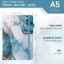 Sailingvan 1 本日记本 2026 年每日一页 A5，从 2026 年 1 月到 2026 年 12 月，带月视图的预约簿，带松紧带封口，笔环，彩色标签，内袋，A5（5.7 英寸 X 8.3 英寸）