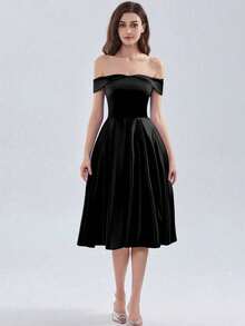 中长款舞会礼服 A 字型黑色鸡尾酒毕业礼服正式派对礼服露肩晚礼服，新娘 - 黑色 - 查看 2