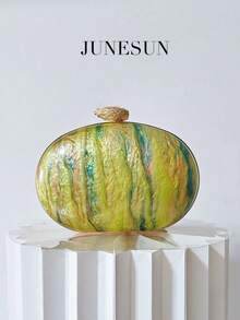New Arrival Yellow-Green Painted Acrylic Evening Bag, Elegant Vintage Metal & Pearl Decorated Clutch Handbag, Fashion Party Wedding Formal Event Asymmetric Chain Shoulder Bag, Bridal Makeup Cosmetic Hard Box Purse - Multicolor - View 1