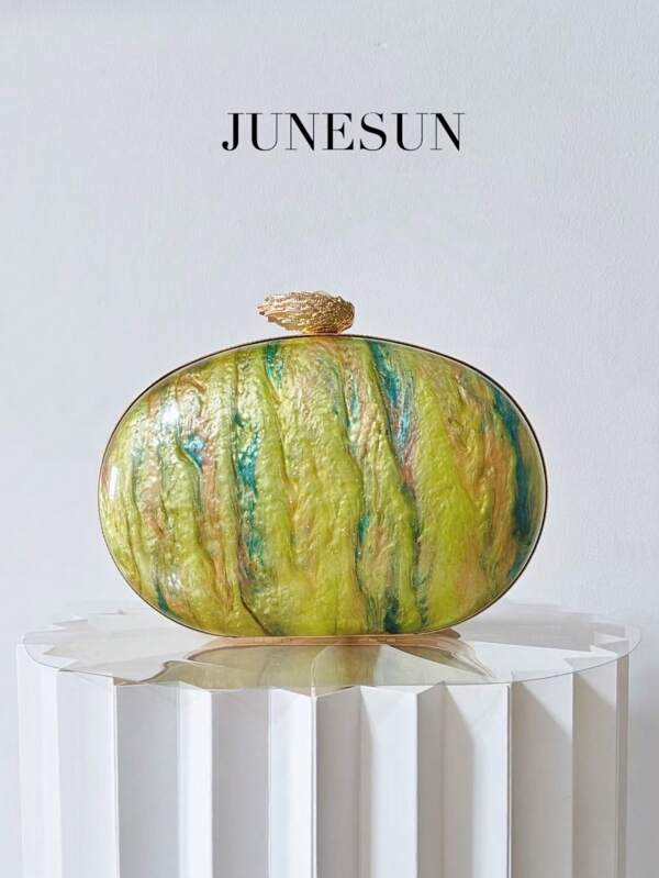 New Arrival Yellow-Green Painted Acrylic Evening Bag, Elegant Vintage Metal & Pearl Decorated Clutch Handbag, Fashion Party Wedding Formal Event Asymmetric Chain Shoulder Bag, Bridal Makeup Cosmetic Hard Box Purse