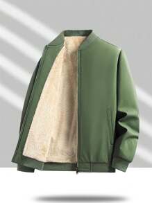Men's Autumn/Winter Outdoor Thermal Lined Casual Jacket, Fashionable And Warm, With Baseball Collar Design To Shape The Neck And Look Stylish, Inner Pocket, Elastic Cuffs To Keep Out Wind And Stay Warm, Suitable For Daily Wear, Parties, Business, And Outdoor Activities, Ideal Gift For Husbands Or Boyfriends