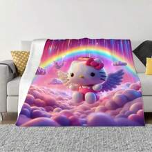 Sanrio Hello Kitty 卡通法兰绒盖毯 - 现代风格，可机洗，四季针织涤纶混纺，混合颜色，多用途，适用于床、沙发、办公室和户外露营 - 理想的生日或节日礼物 - 彩色 - 查看 2