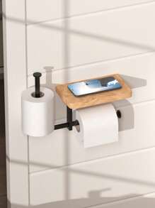 1pc Wall-Mounted Wooden Toilet Paper Holder With Shelf, Self-Adhesive Tissue Paper Dispenser, Durable Metal Frame, Bathroom Storage Rack - For Phone/Wet Wipes/Toilet Paper, Bathroom Accessory, Black/White