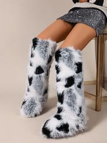 Women's Faux Fur Boot Furry Fluffy Round Toe Suede Winter Comfy Plush Warm Short Outdoor Indoor Flat Shoes Knee-High Boots - Black and White - View 3