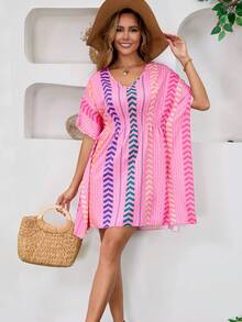 褶皱印花波西米亚长款沙滩裙泳衣罩衫休闲夏季迷你连衣裙 - 玫紅色 - 查看 5