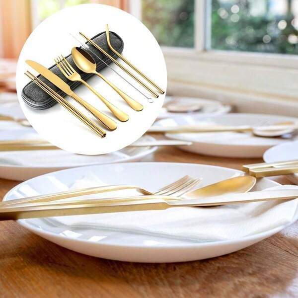 Edelstahl-Geschirr-Set, tragbares Strohhalm-Essstäbchen-Löffel-Gabel-Set mit Aufbewahrungstasche, Geschirr-Set