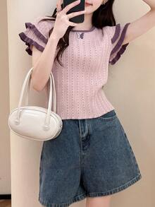 Alicedudu Women's Summer French Style Embroidery Round Neck Ruffled Cap Sleeve Pullover - Mauve Purple - View 3