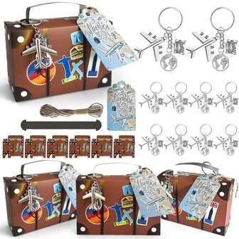 10 Set Mini Suitcase Favor Boxes Candy Box Party Favor With Earth Airplane Keychains And Travel Ticket Gifts For Wedding Party