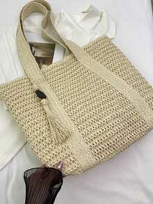 Large Capacity Tote Bag Hand-Held Straw Bag Shoulder Bag Seaside Vacation - Beige - View 1