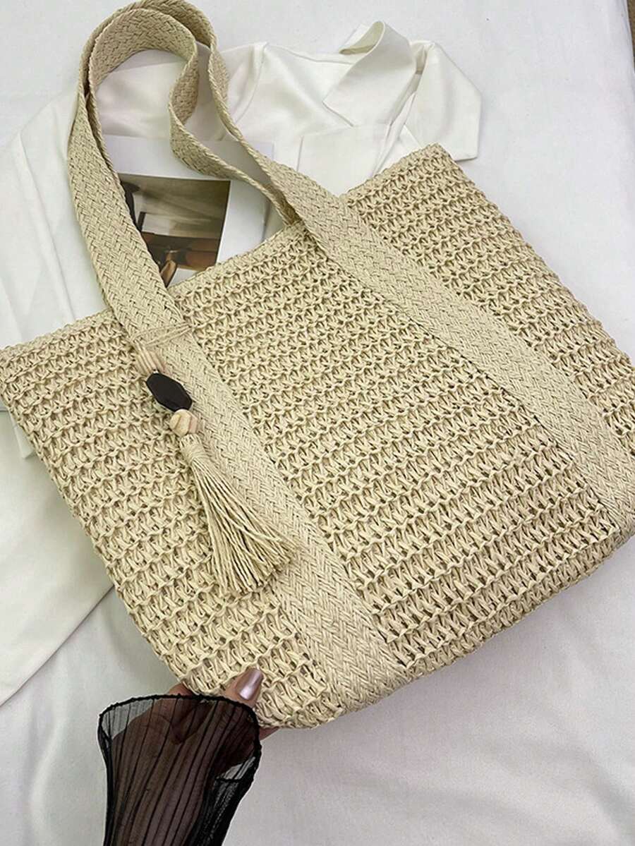 Large Capacity Tote Bag Hand-Held Straw Bag Shoulder Bag Seaside Vacation - Beige - View 1