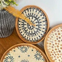 1pc Handmade Rattan Cutlery Tray, Round Rattan Tray, Snack Tray, For Table Decoration Placing Coffee, Bread,Fruit - Apricot - View 4