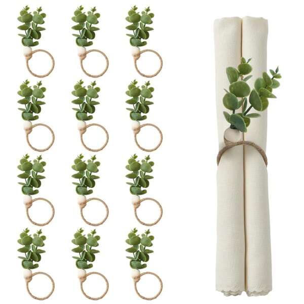 A Set Of 6pcs /12pcs Simple Eucalyptus Wood Napkin Rings, Bohemian Leaf Pearl Farmhouse Spring And Autumn Napkin Ring Stand, Family Dinner, Wedding, Christmas, Easter, Festival Table Decoration