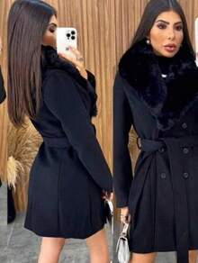 Women's Wool Coat With Fur Collar - Black - View 1
