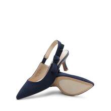 Zapatos de tacón de aguja con tira de tobillo para mujer, puntera fina, con lazo, elegantes y sexys para vestido de boda - Azul Marino - Ver 4
