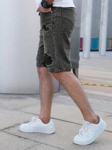 Men's Solid Color Casual Versatile Ripped Denim Shorts, Summer