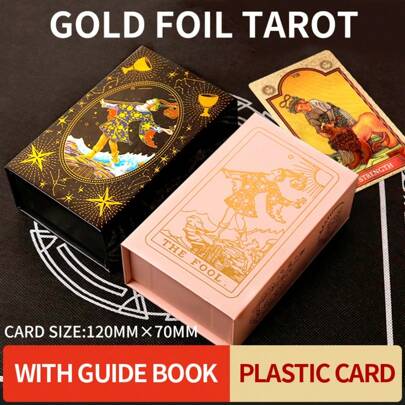 1 pieza Baraja de 78 Cartas de Tarot con libro guía, cartas de tarot con lámina de oro, cartas de plástico PVC, impermeables y duraderas, en caja de regalo magnética, adecuadas para adivinación, análisis y consejos, juegos de cartas, juegos de mesa, pueden usarse como regalos de cumpleaños