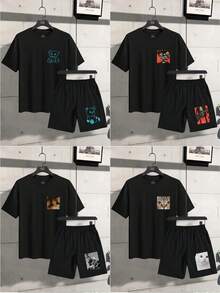 Customized Men's 2-Piece Set, T-Shirt And Shorts, Casual, Loose, Streetwear, Sportswear, Vacation, Outdoor, Spring, Summer, Autumn, Suitable For Boyfriend, Family, Friends Birthday, Black Top, Black Drawstring Shorts, Holidays, College, Daily, Birthday, Anniversary, Christmas, Halloween, Thanksgiving, Valentine's Day, Pride Month, Teacher's Day, Father's Day, Easter, Mother's Day - Black - View 3