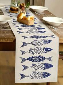 1pc Fish Pattern Table Runner, Modern Style, Faux Linen Material, Available In 33*91cm, 33*183cm Or 33*274cm Sizes, Ocean Theme Home Decor Indoor/Outdoor Party Supplies, Birthday Party Decorations, Room Decor. Suitable For Kitchen Decoration And Event Parties.
