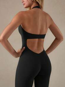 NcmRyu 1pc Women's Backless Halter Neck Elastic Jumpsuit - Black - View 4