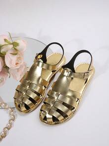 Giày sandal đế bệt hở mũi phong cách cổ điển mới 2025, giày La Mã dệt rỗng thoáng khí - Vàng - Xem 5