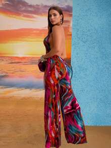 Damen Jumpsuit mit tiefem V-Ausschnitt und rückenfreiem Design, ärmelloser Farbblock-Muster Jumpsuit für Party & Nachtausgang - Heißes Pink - Übersicht 2