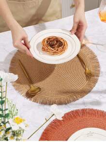 2 piezas/8 piezas Manteles individuales redondos de 15 pulgadas de fibra de papel tejida con borlas, resistentes al calor, decoración de vajilla de hotel y restaurante, decoración de mesa de comedor y sala de estar, antideslizante, adecuado para reuniones en el hogar y fiestas de boda