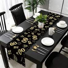 1pc 60th Black & Gold Number Table Runner, Rectangular, 100% Polyester Woven, Suitable For 60th Theme Party, Happy Birthday Party, Birthday Party Supplies