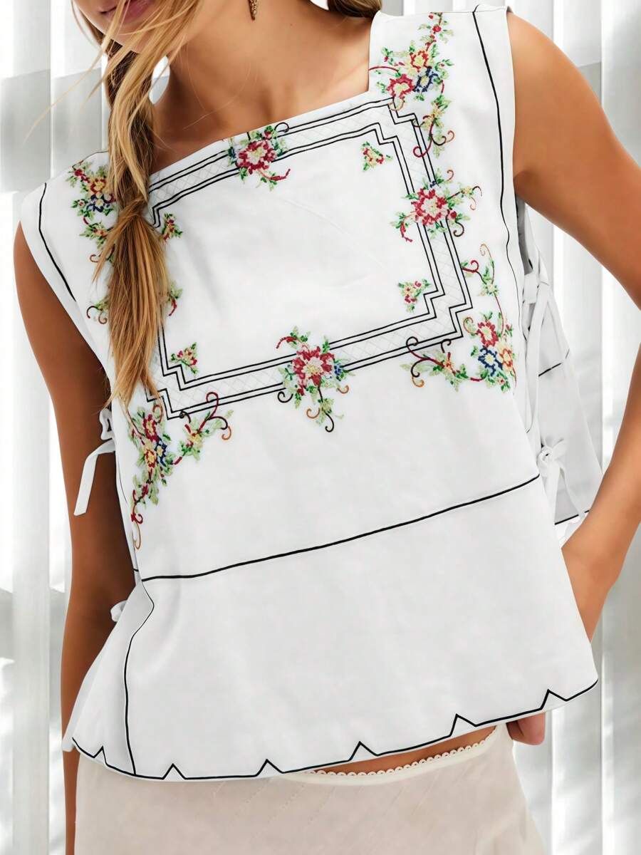 Women's Y2K Summer Floral Embroidered Tank Tops Sleeveless Square Neck Side Tie-Up Loose Fit Vest Vintage Casual Going Out Tops Streetwear - 白色 - 查看 1