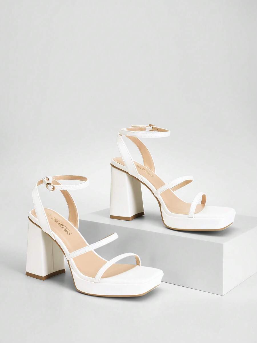 Women High Platform Chunky Heeled Sandals Fashionable Ankle Strap Square Toe Heeled Sandals Party Sandals Y2K Dress Shoes - 白色/淺色 - 查看 1