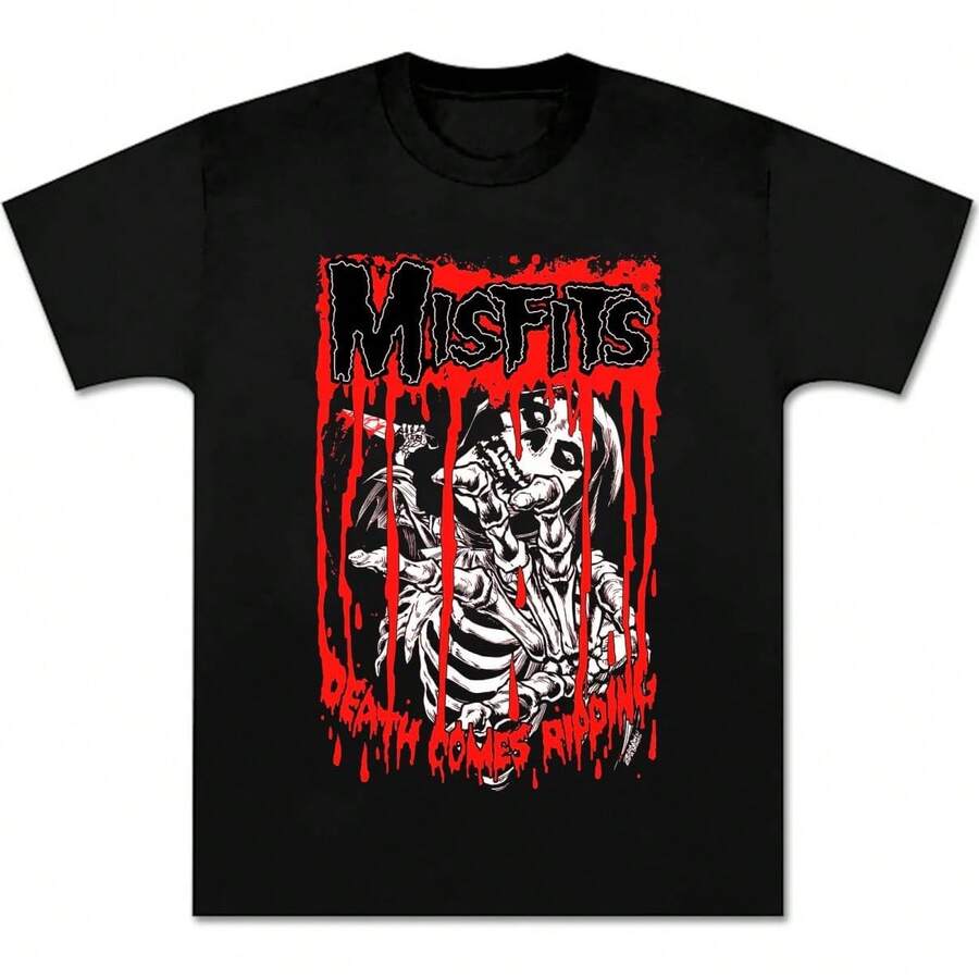 Camiseta Misfits Novedad Concierto de Banda de Rock Manga Corta para Mujeres Death Comes Ripping Logo Gráfico Camiseta Unisex Negra - Negro - Ver 1