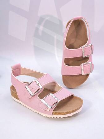 1双儿童时尚搭扣爱心装饰平底软木凉鞋，夏季假日沙滩户外休闲女童人字拖