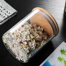 1 peça/1 conjunto com 12 potes de vidro para armazenamento com tampas herméticas de bambu, recipientes portáteis transparentes para alimentos para chá, grãos de café, açúcar, doces, biscoitos, especiarias e utensílios de cozinha - Claro - Ver 8