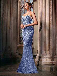 LUVISTRUE 仙女气质珍珠装饰礼服女式亮片晚礼服适合毕业季舞会、生日派对、联欢晚会、鸡尾酒会、音乐会、颁奖典礼单肩及地长裙 - 霧霾藍 - 查看 3