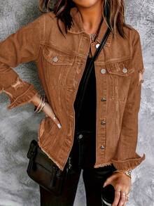 Necooer Women's Denim Jacket Old Wash Button Boyfriend Denim Jacket Jacket With Pocket - 棕色 - 查看 1