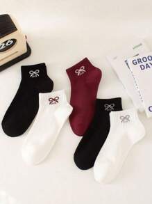 5 pares de calcetines de mujer con decoración de moño, estilo regular, cómodos y suaves para la escuela, el trabajo, el uso diario, primavera y otoño