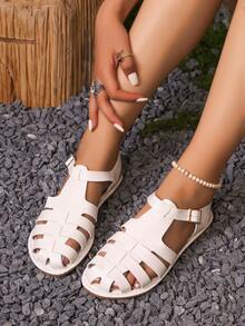 Sandálias fechadas casuais de estilo vintage 2025, Respiráveis, Tecidas, Com Recortes em Estilo Romano