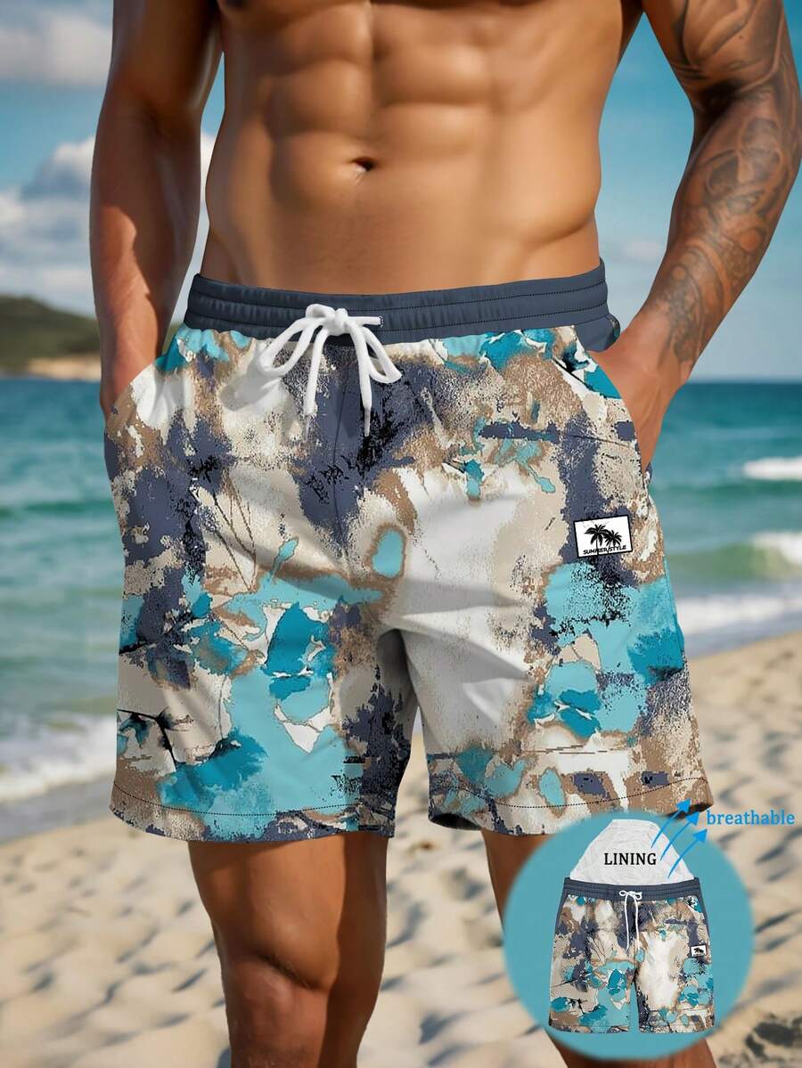 Men's Summer Printed Pattern Drawstring Waist Slant Pocket Hawaiian Quick-Dry Double-Layer Mesh Lined Shorts, Coconut Tree 3D Artistic Print, Fashion Casual Beachwear Swim Trunks - Multicolor - View 1