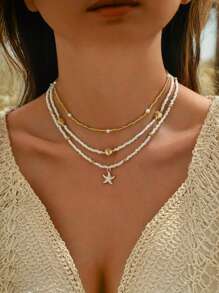 3pcs Set Elegant Starfish Beaded Necklace, Fashion Jewelry For Women, Ideal For Beach Vacation, A Great Gift For Friends