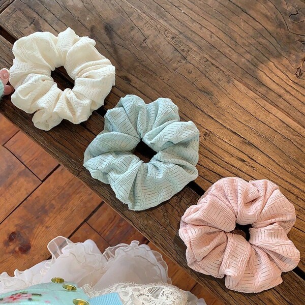 3 Packs Beige/Blue/Pink Puff Scrunchies - Korean-Inspired Crinkled Hair Bands, Lazy Chic Textured Hair Jewelry For Low Ponytails/Buns (Office/Casual/Date Night | Snag-Free Elastic Design), Hair Tie, Hair Accessory ,Hair Accessories