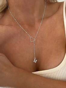1pc Stainless Steel Hollow Heart & Letter Design Necklace, Fashionable Delicate Layered Choker Necklace For Women