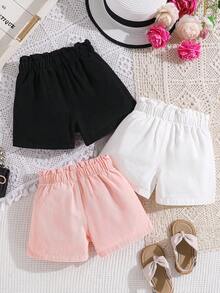 3pcs Young Girl Classic Blue Denim Shorts With Waist Ruffle, Fashionable Casual And Versatile, Spring/Summer - View 2