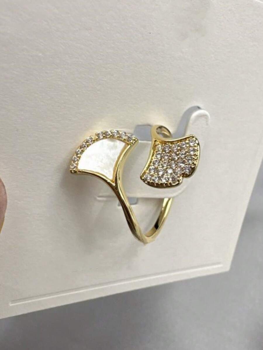 1 pieza Anillo abierto con abanico incrustado de cristal, adecuado para el uso diario de las mujeres, regalo de lujo minimalista - Oro + Blanco - Ver 1