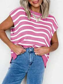 CILKOO Striped Side Slit Round Neck Short Sleeve Sweater T-Shirt - Pink - View 5