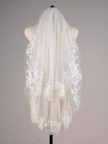 Short Wedding Veil With Comb - 2 Tier Bridal Veil, 24" Length Tulle Bride Accessories For Women - Ngà 2 & Có ngọc trai - Xem 5