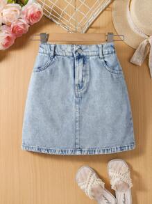 1pc Girls A-Line Denim Skirt, Casual Cute Fashion Versatile Skirt