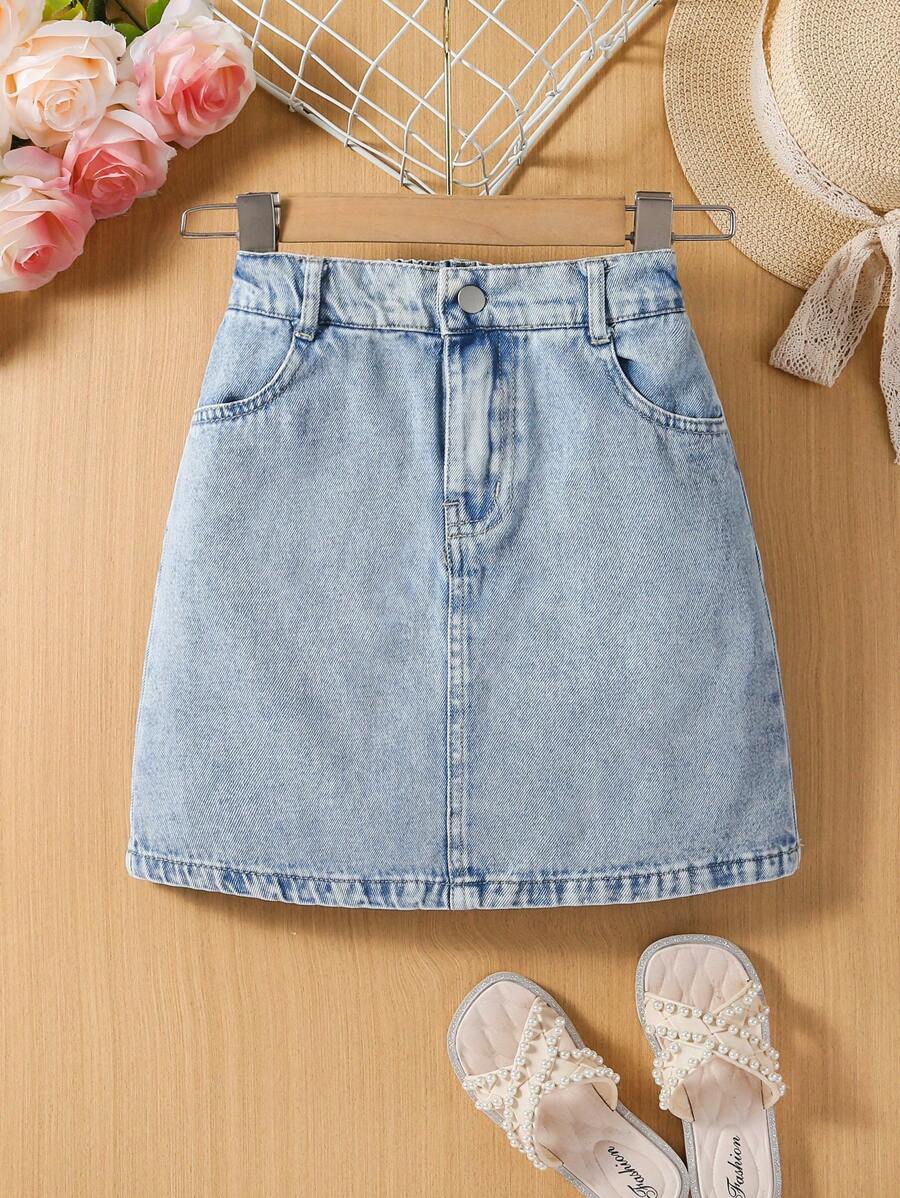 1pc Girls A-Line Denim Skirt, Casual Cute Fashion Versatile Skirt