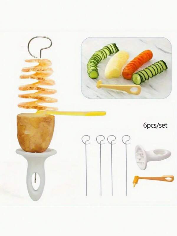 6 Stücke/Set tragbarer Camping Kartoffel Spieß Schneider, Edelstahl Grillspieß & tragbarer Kartoffel Schneider mit weißem Griff und Spiralklinge, geeignet für Outdoor-BBQ, Zuhause Picknick Camping, Küchenhelfer, Wohnmobil Outdoor-BBQ-Zubehör