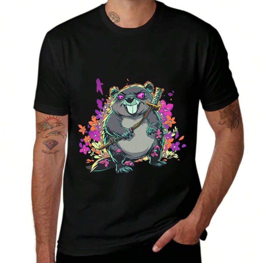 Cartoon Beaver Holding A Katana In A Playful Pose Surrounded By Colorful Flowers - Black - View 1