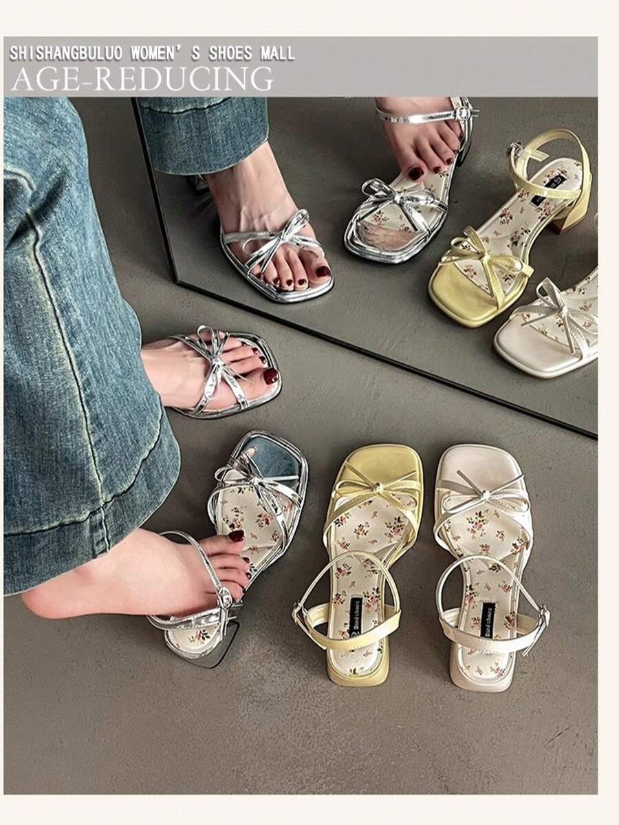 Roman High-Heeled Slippers For Height 2025 Summer New Thin Stripes Open Toe Buckle Strap Mid-Heel Floral Pattern Sandals For Women