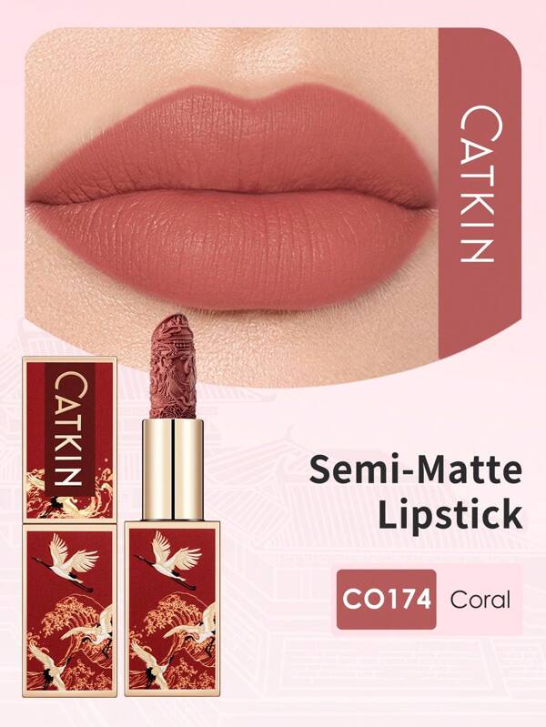 CATKIN Rouge Semi-Matte Carving Lipstick, Waterproof Long Lasting Satin Smooth Soft CO174 Coral